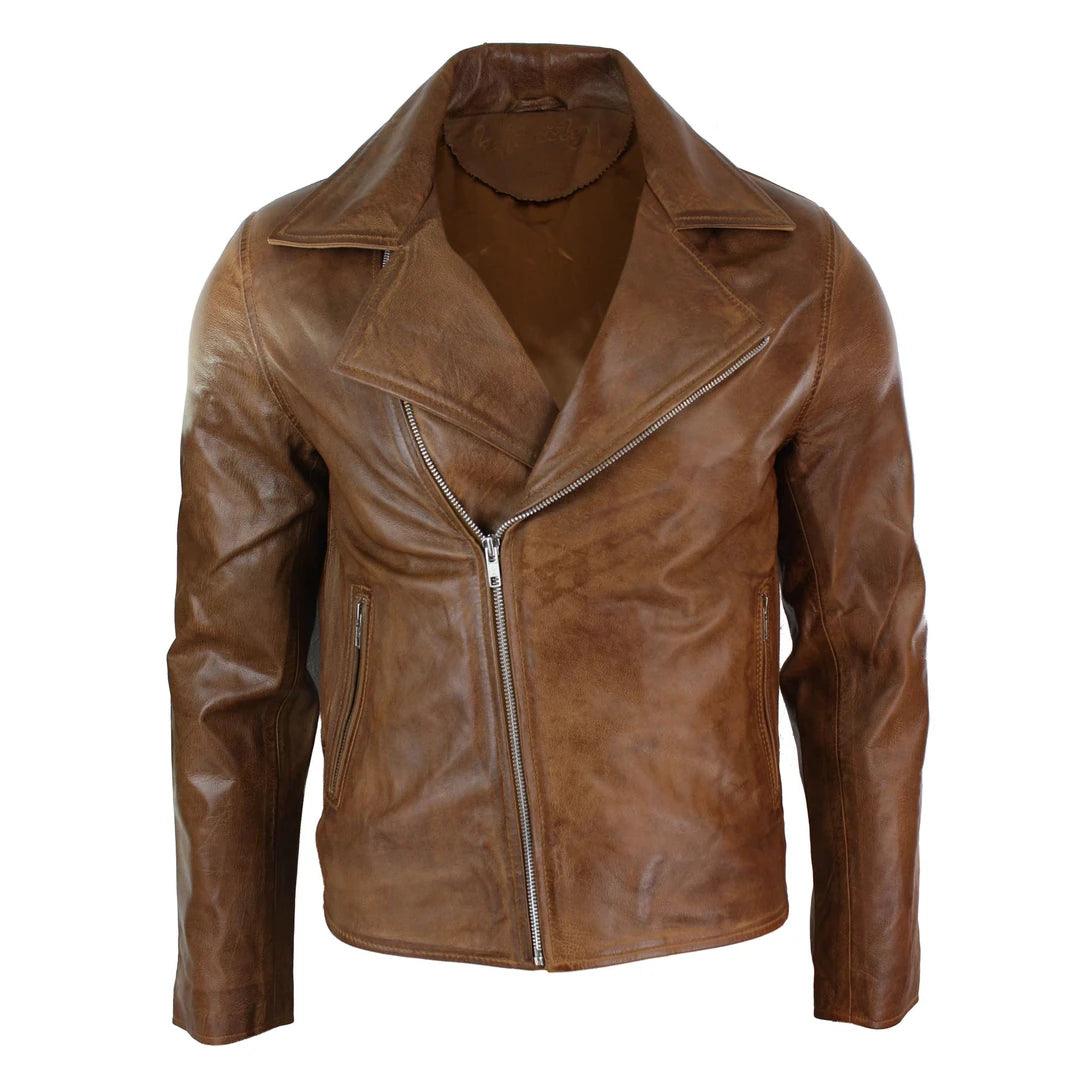 Mens Slim Fit Tan Brown Maroon Classic Cross Zip Brando Leather Biker Jacket - Knighthood Store