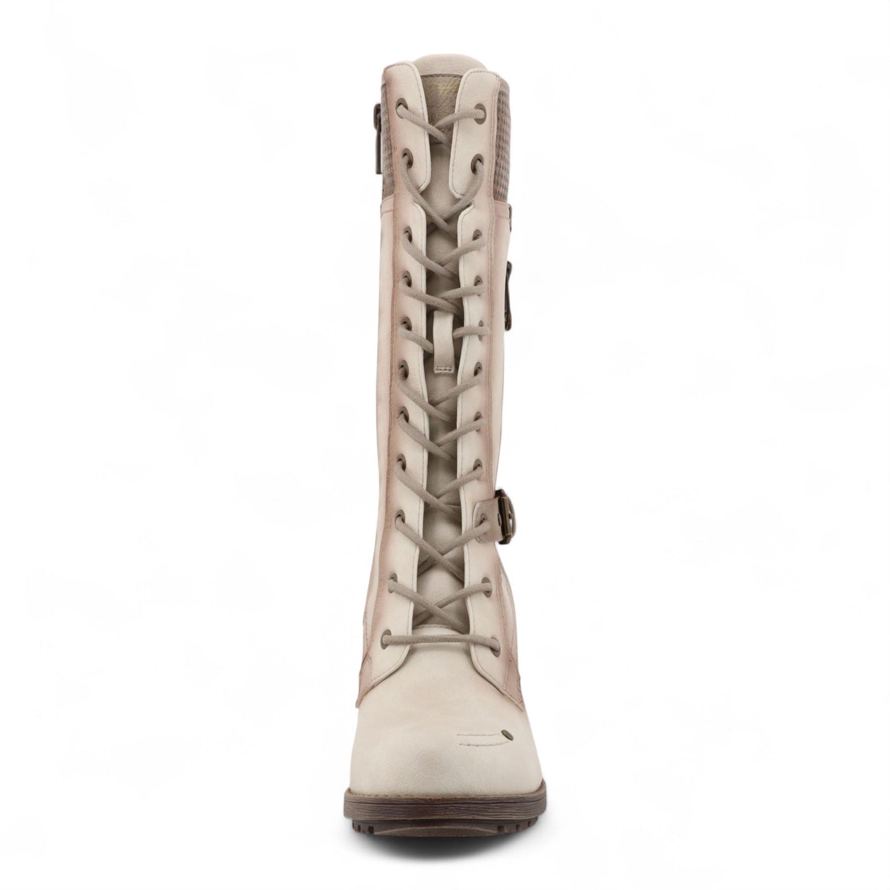 Women's Cream White Mid-Calf Lace Up Heeled Combat Boots