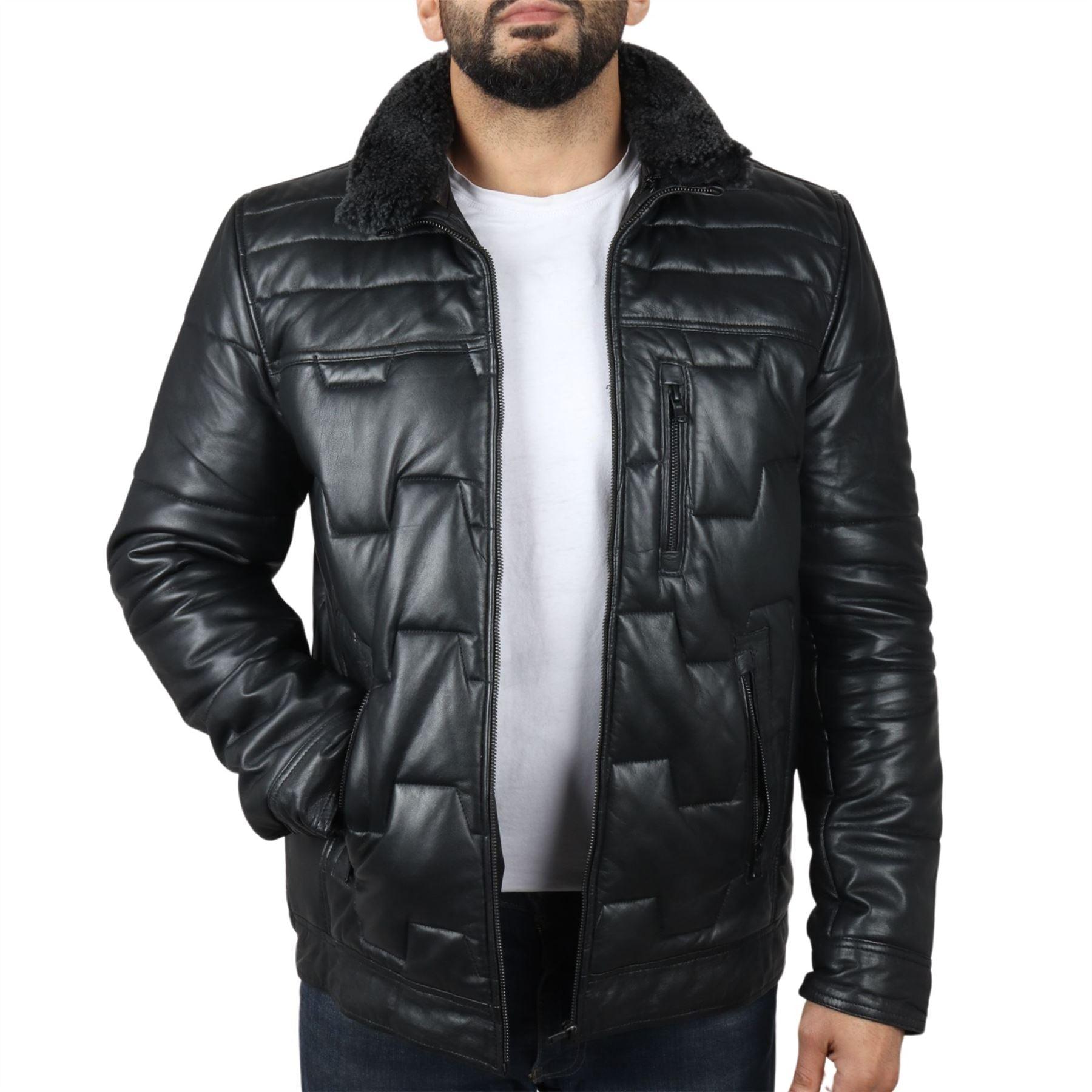 Men's Quilted Padded Real Leather Safari Parka Coat Jacket Fleece Collar - Knighthood Store