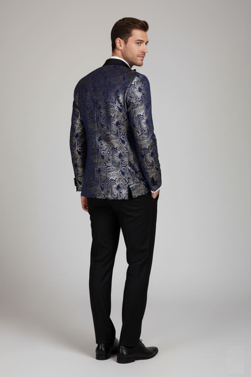 STZ63 - Mens Velvet Paisley Floral Blue Gold Tuxedo Blazer