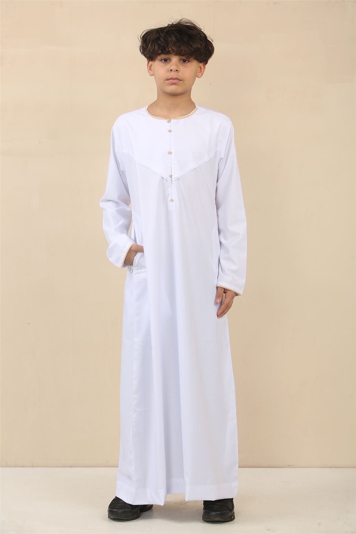 Boy's Thobe Emirati Omani Jubba Islamic Clothing Muslim Kaftan Eid Robe Arab Gold Embroidery