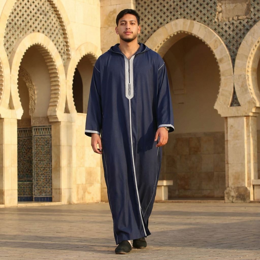 Men's Hooded Gandoura Embroidery Moroccan Thobe