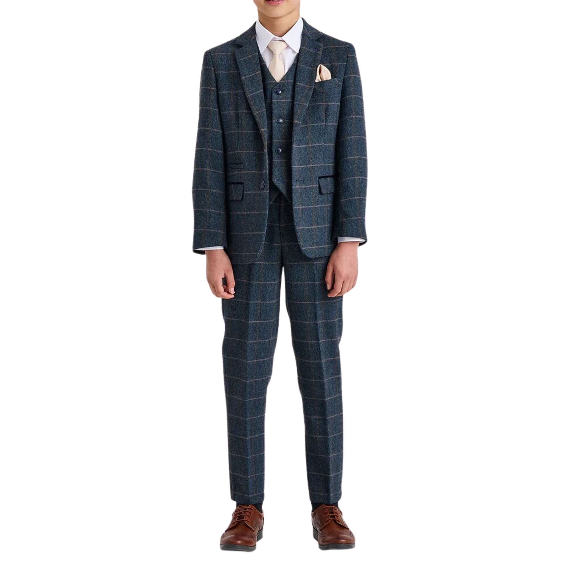 Harris - Boys Navy 3 Piece Wool Blend Tweed Suit