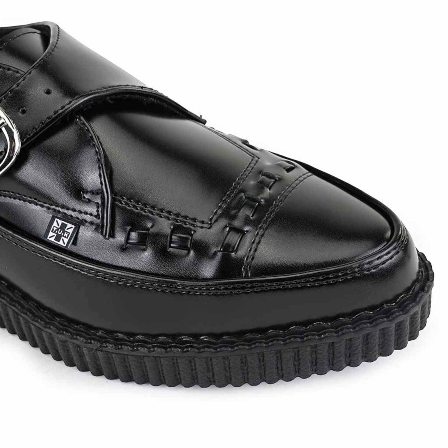 Pointed Creeper Black Leather Monk Buckle Platform Shoes