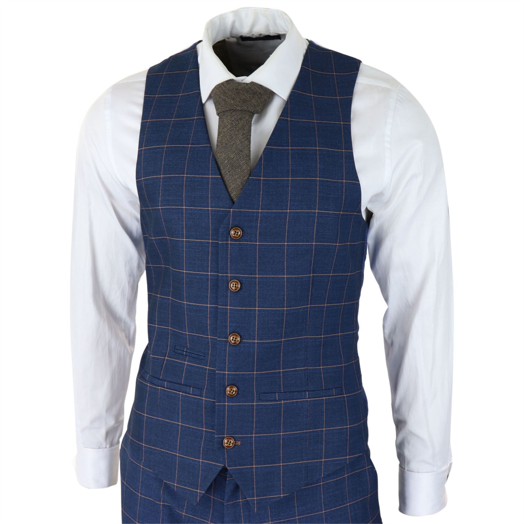 Mens 3 Piece Blue Orange Check Suit Retro Smart Tailored Fit Vintage