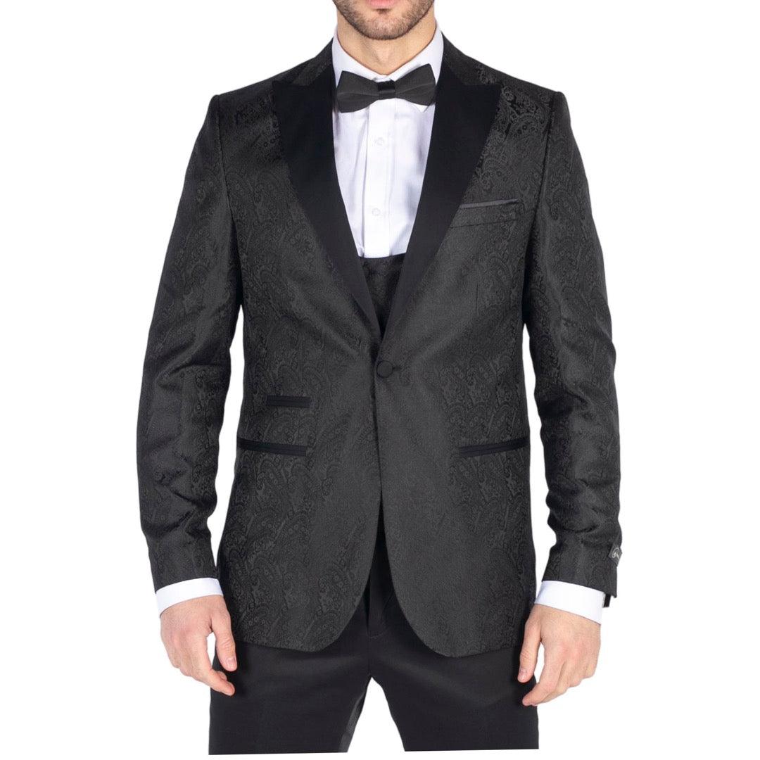 Mens Paisley Tuxedo Blazer And Waistcoat Brocade Dinner Jacket Satin Black Fit - Knighthood Store