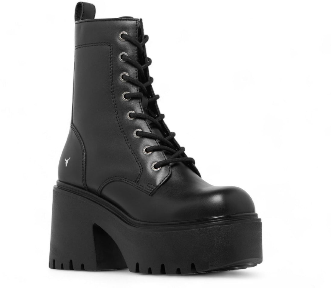 Totally - Women's Black Mid Calf Leather Platform Boots