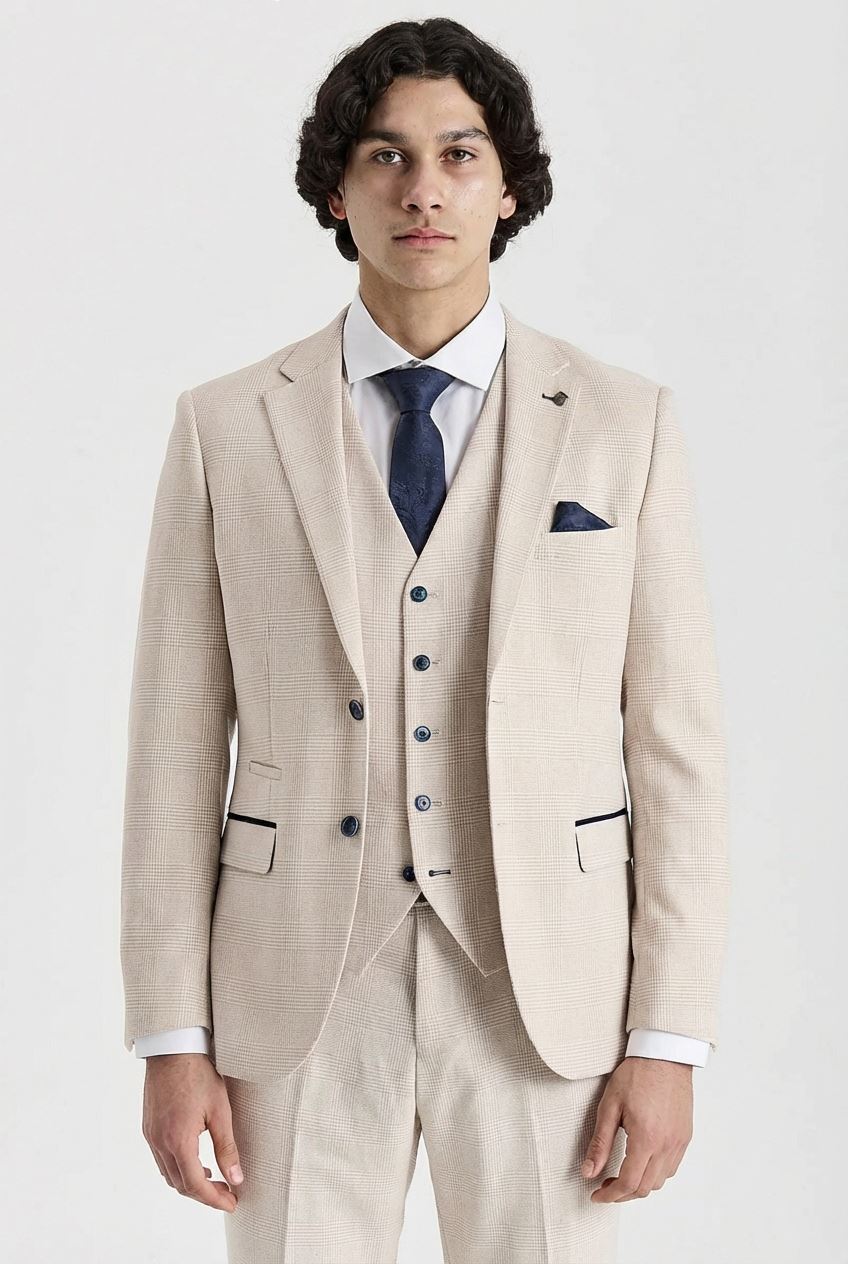 Regent - Men's Cream Checked Tailored Fit Blazer