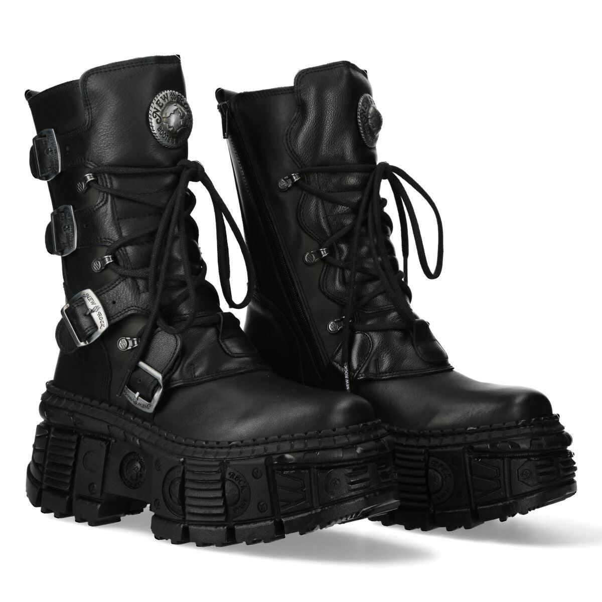 New Rock Boots Punk WALL373-S5 Metallic Black Leather Platform Gothic EMO Goth - Knighthood Store