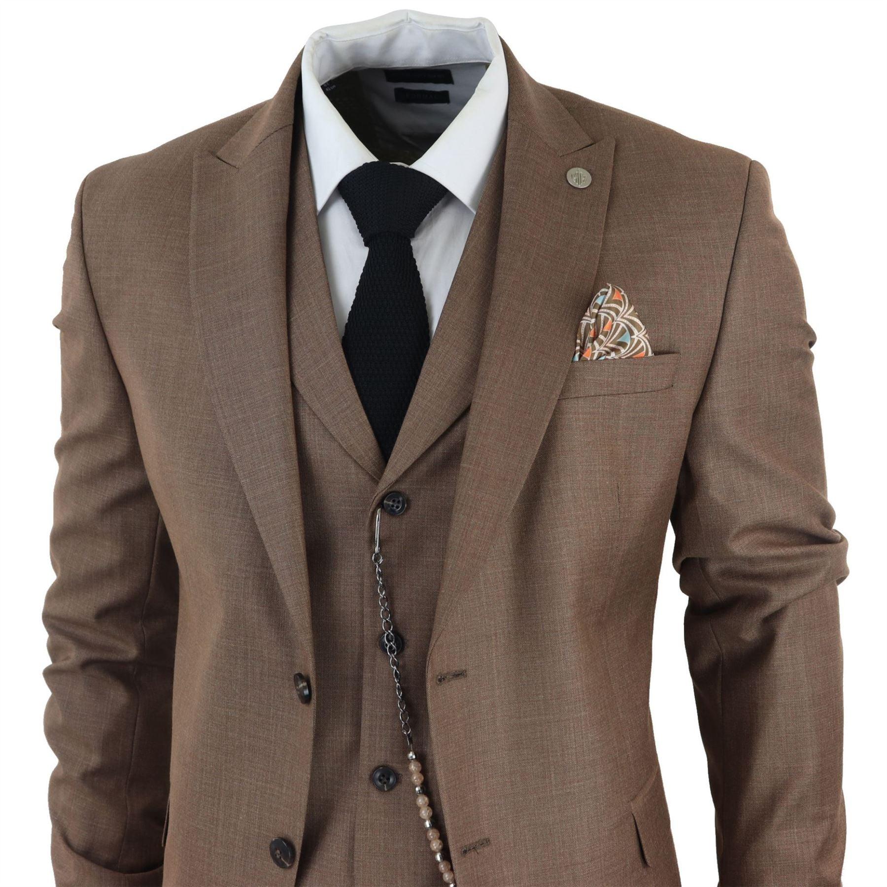 Mens Classic 3 Piece Suit Brown Pocket Chain Wedding Tailored Fit Vintage Formal - Knighthood Store