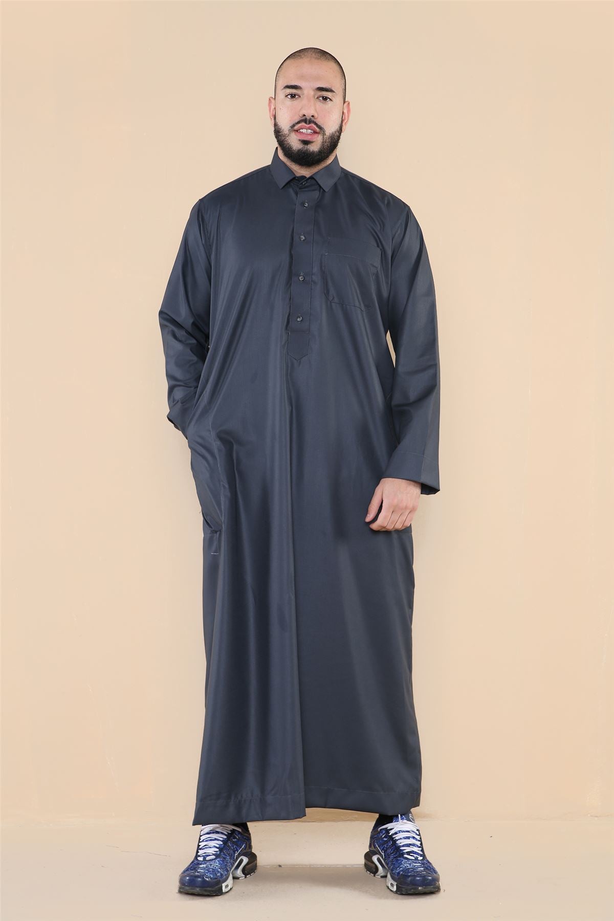 Mens Thobe Jubba Turn Down Collar Islamic Muslim Cotton Kaftan Dress Robe Arabic