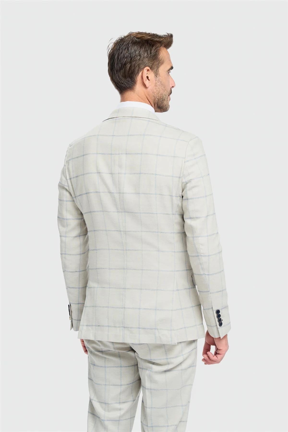 Men's Blazer Grey Tailored Fit Linen Checked Formal Suit Jacket
