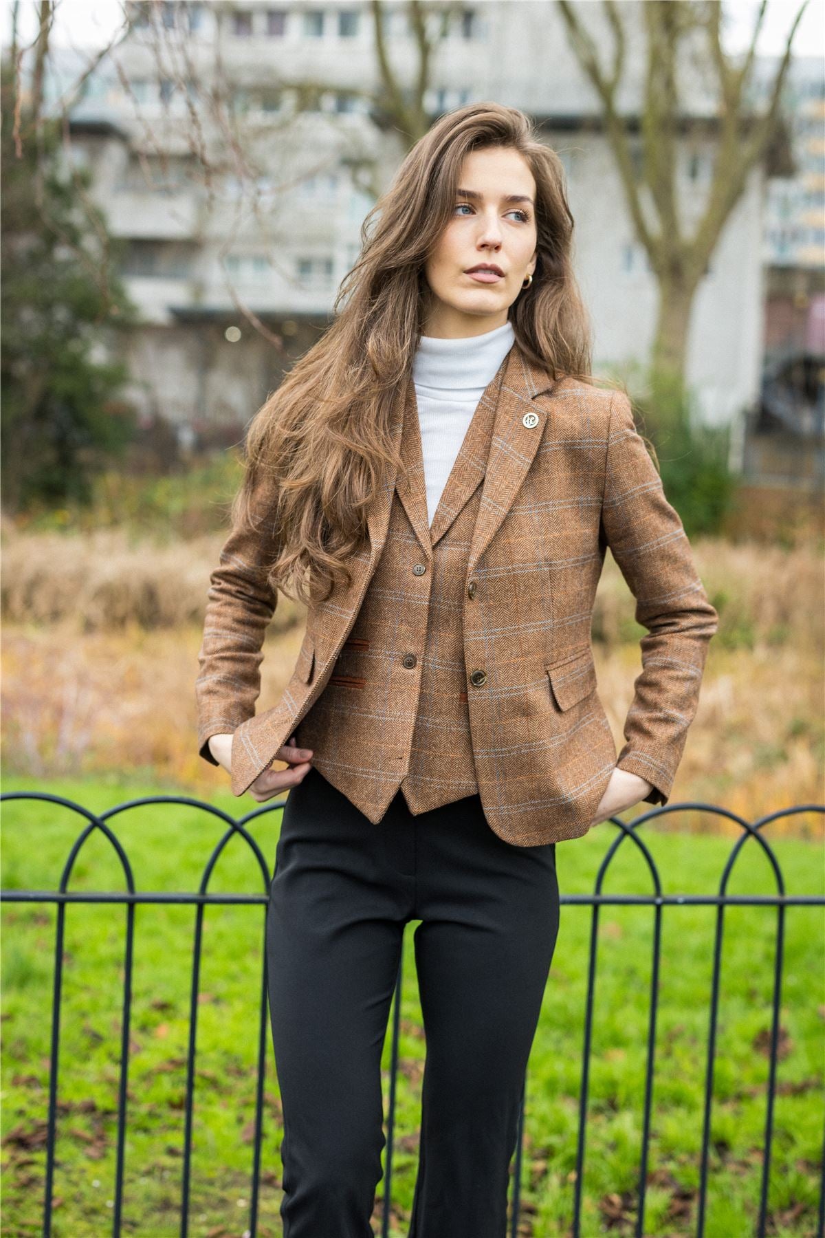 Women's Oak Brown Wool Blend Tweed Herringbone Checkered Blazer Waistcoat