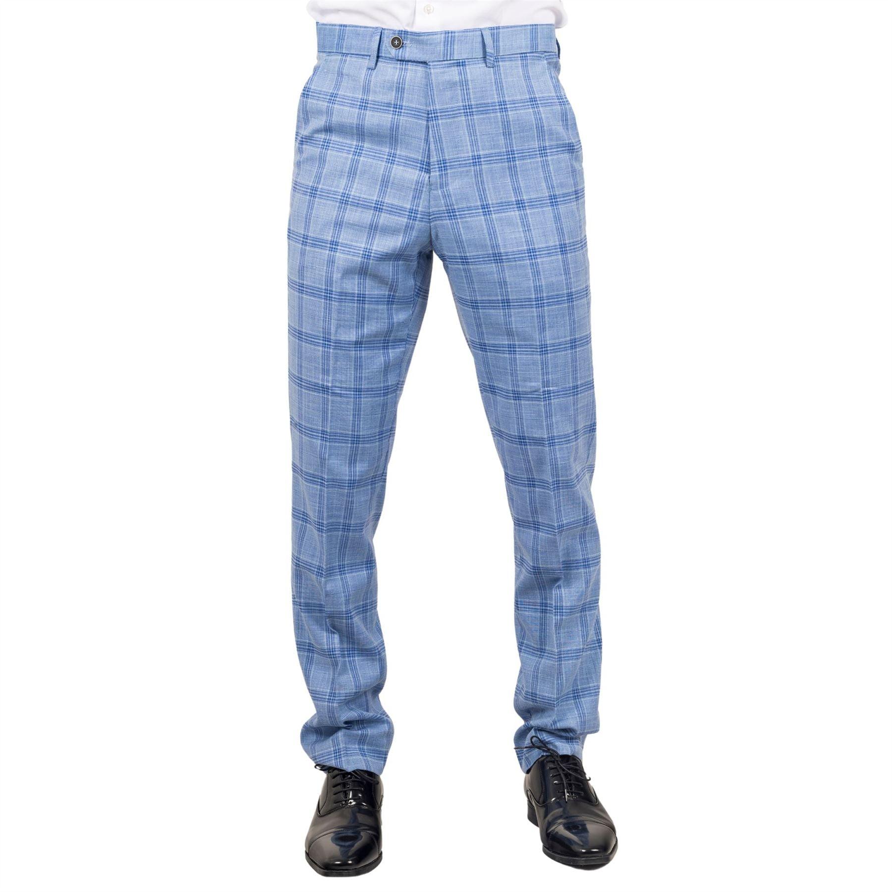 Men's Trousers Light Blue Checked Casual Formal Pants - Knighthood Store