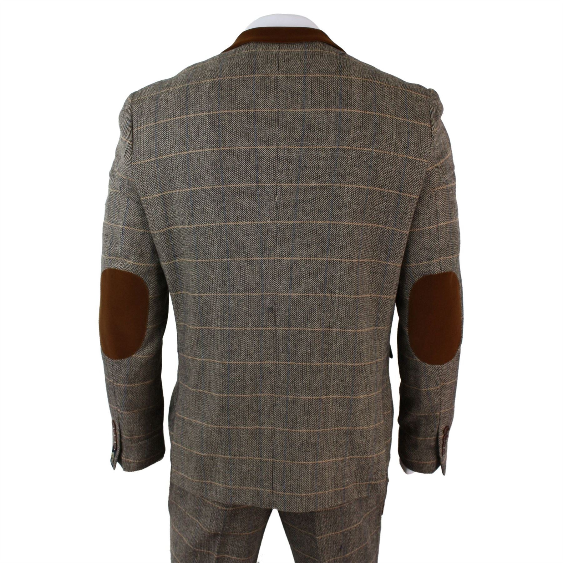 Mens Check Vintage Herringbone Tweed Tan Brown 3 Piece Suit Slim Fit Wedding