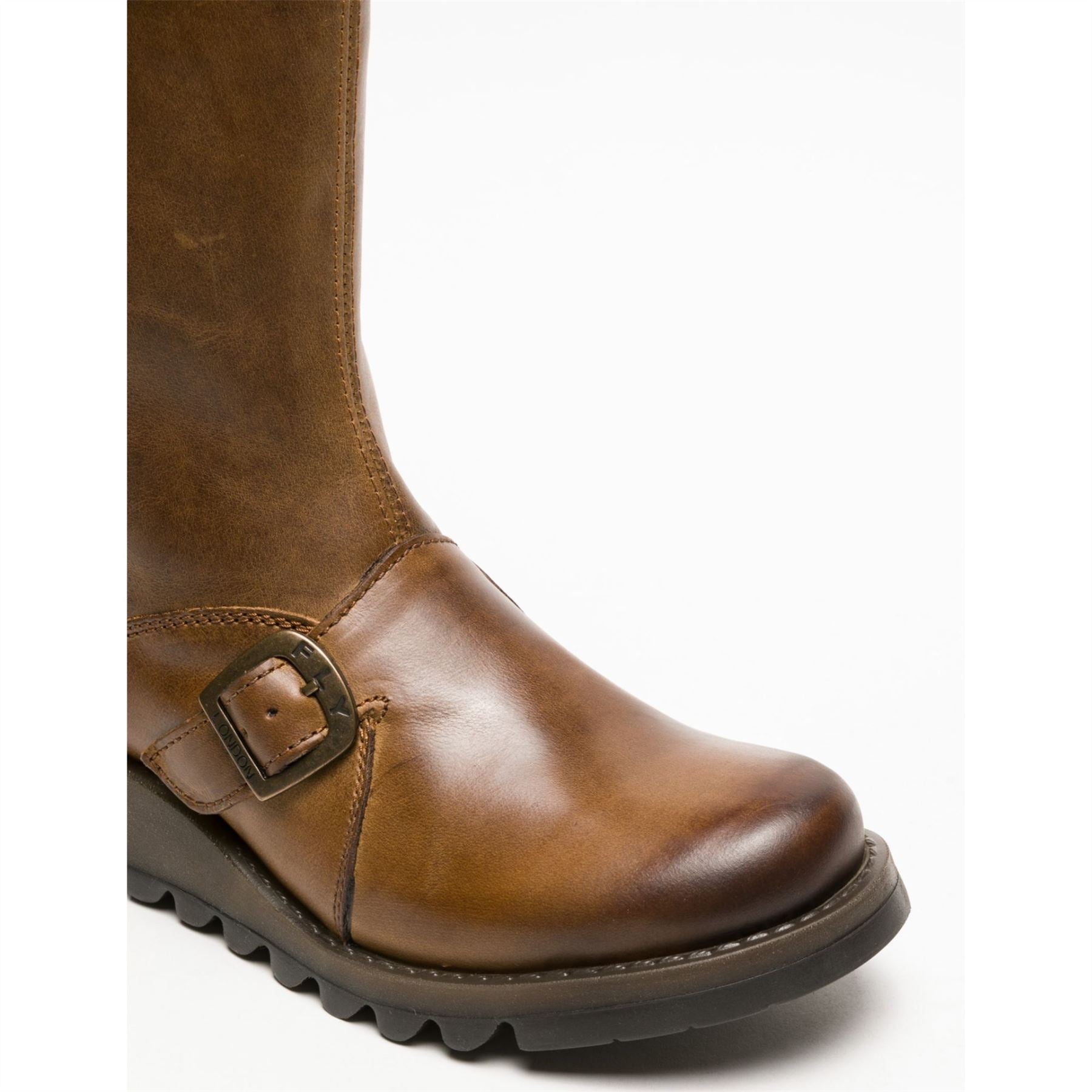 MES2913 - Women's Wedge Heel Buckle Mid Calf Leather Boots