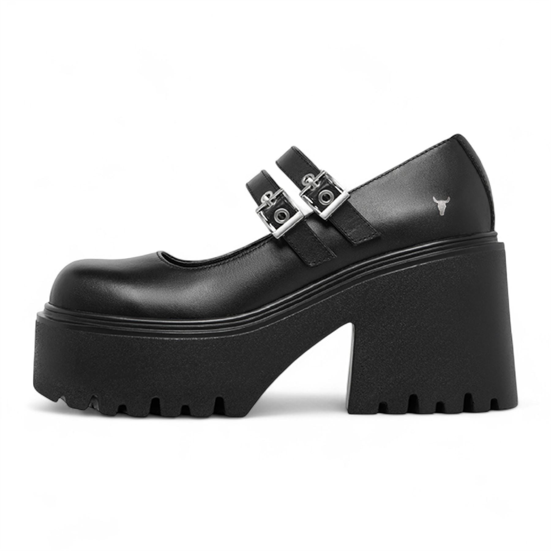 Lessons - Women's Black Leather Chunky Heel Buckle Shoes