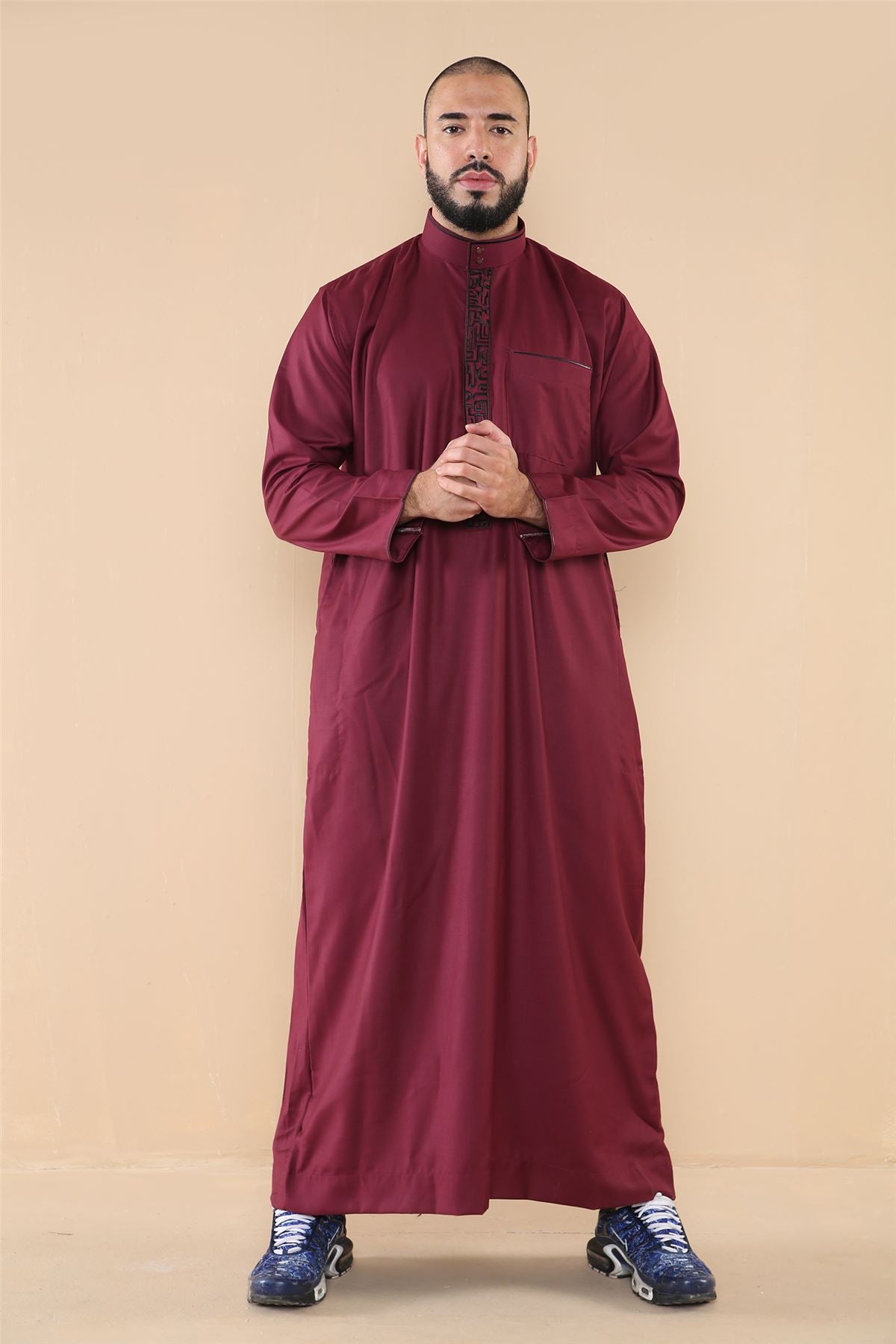 Mens Thobe Jubba Nehru Stand Collar Islamic Clothing Muslim Cotton Kaftan Embroidery Eid Robe Saudi