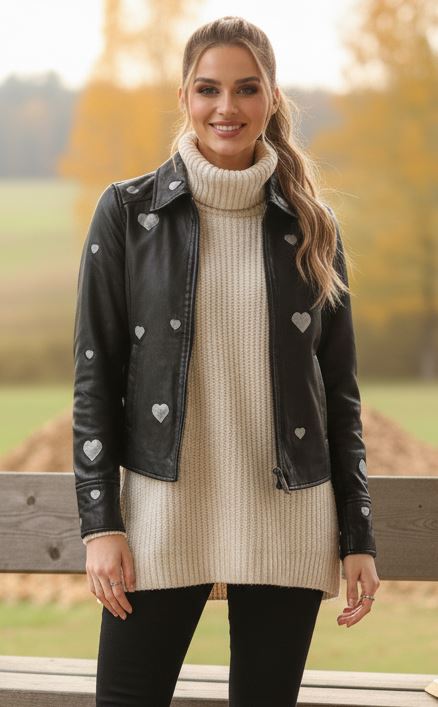 Women's Real Leather Shirt Collar Heart Print Jacket