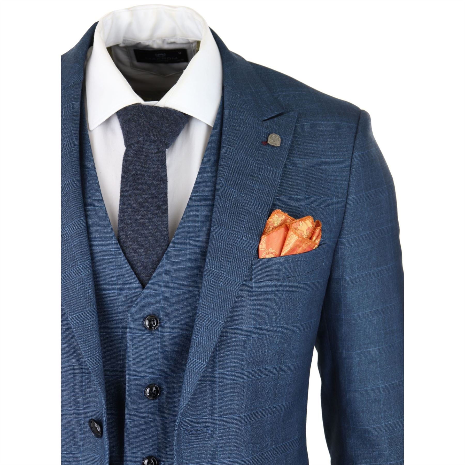 Mens 3 Piece Prince Of Wales Check Suit Blue Classic Light Tailored Fit Modern