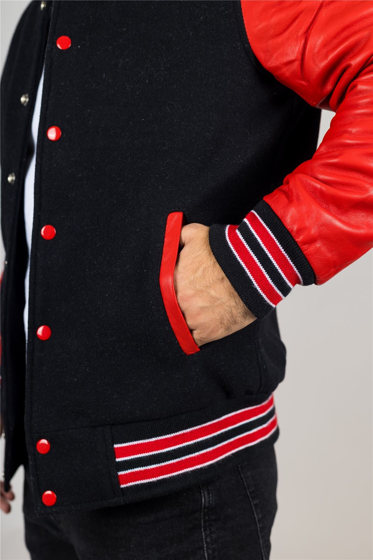Men's Black Red Varsity Bomber Jacket Wool Body Real Leather Sleeves College Baseball Coat