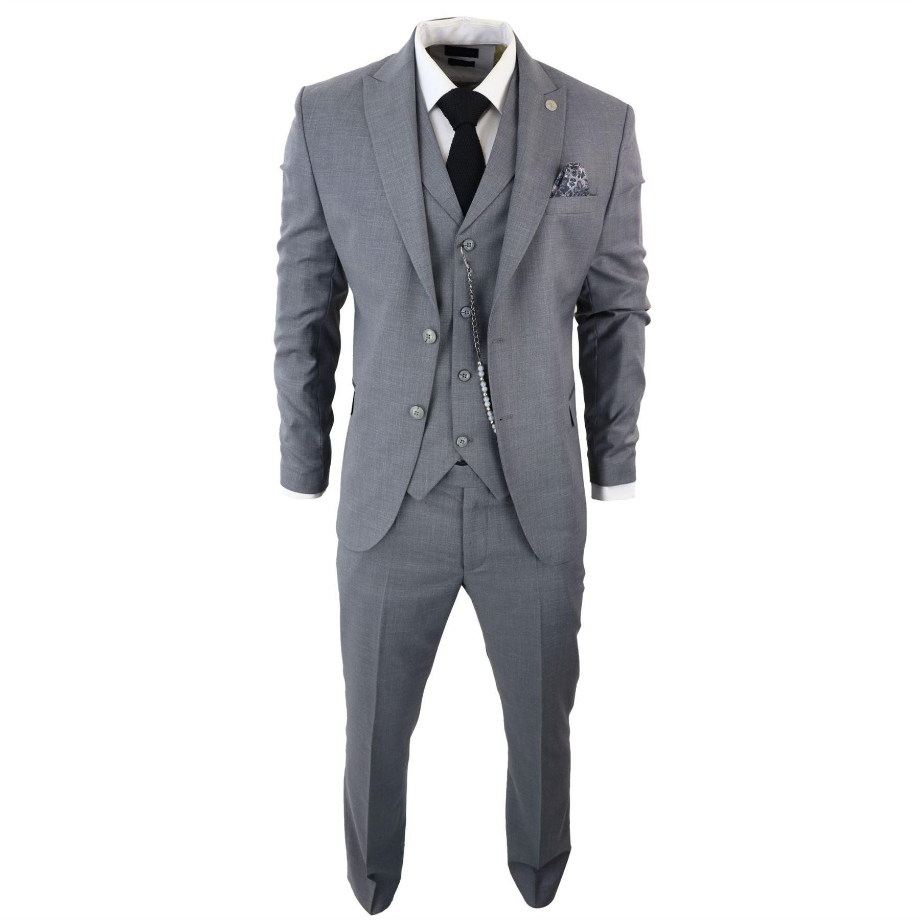 Mens Classic 3 Piece Suit Grey Pocket Chain Wedding Tailored Fit Vintage Formal - Knighthood Store