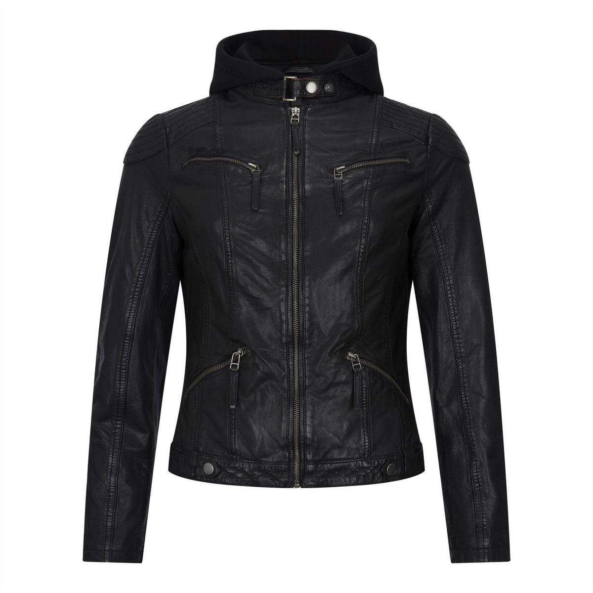 Women's Leather Jacket Hooded Biker Motorcycle Coat - Black / X-Small