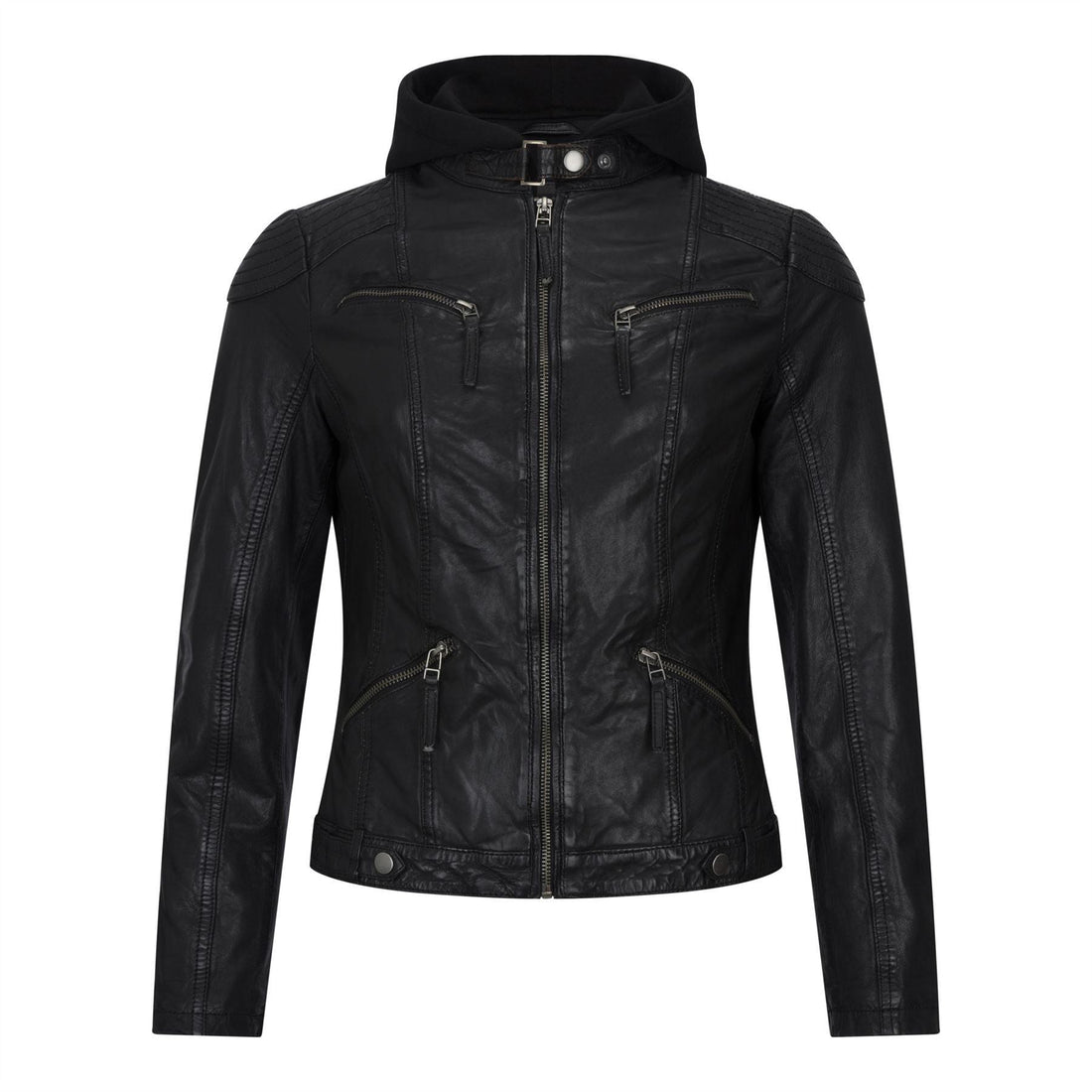 Women's Leather Jacket Hooded Biker Motorcycle Coat - Knighthood Store