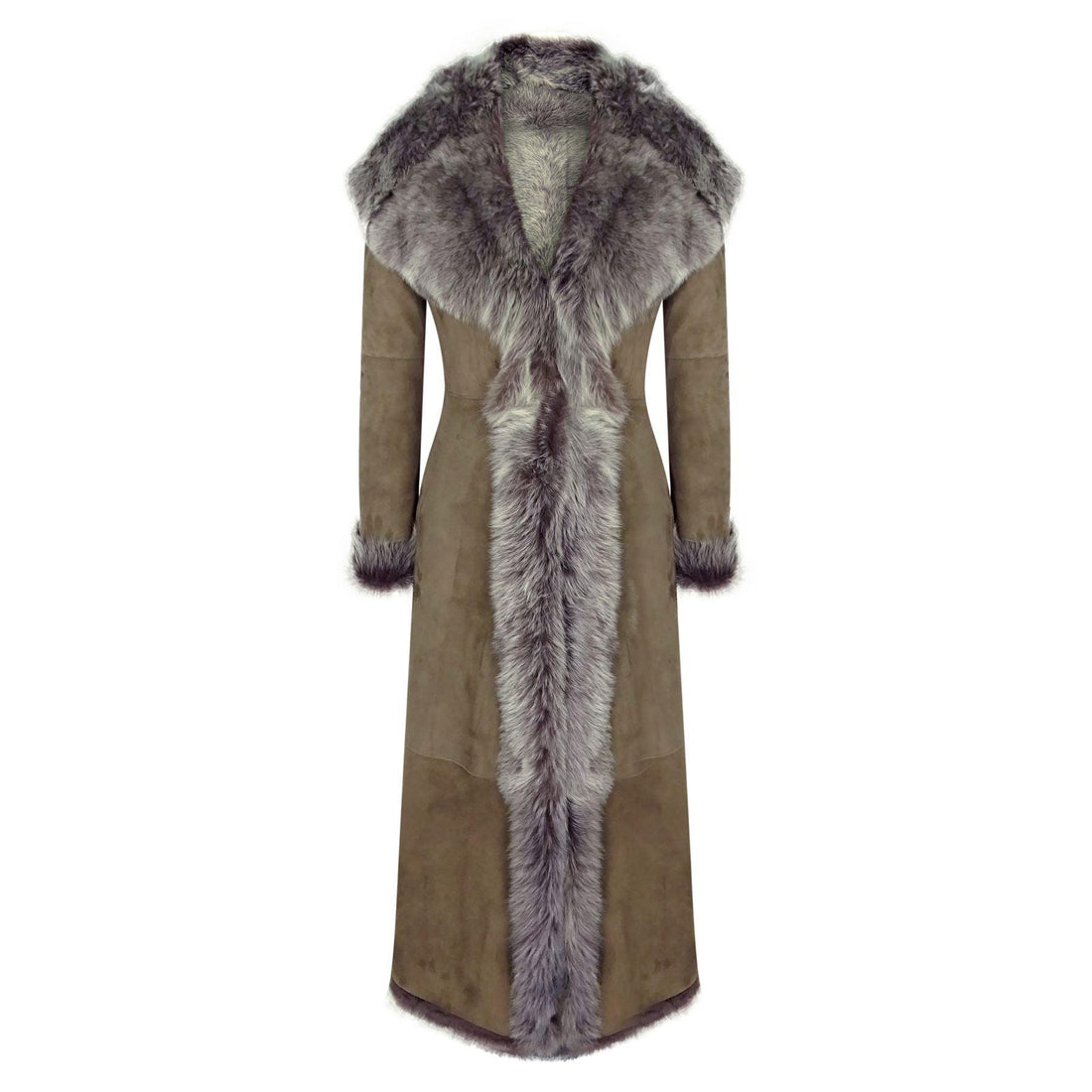 Ladies Suede Toscana Full Length Hooded Taupe Sheepskin Leather Trench Coat - Knighthood Store