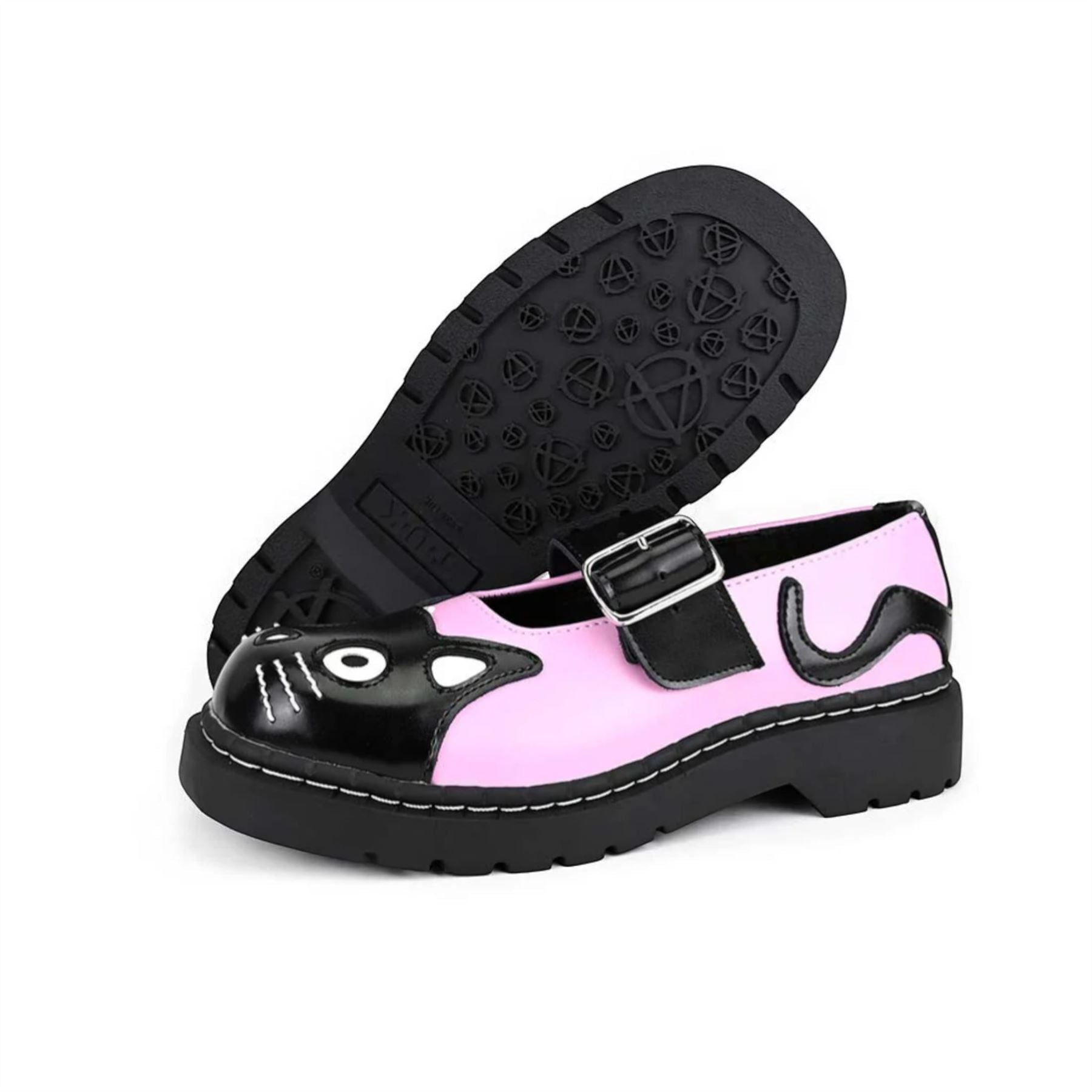Women's Mary Jane Kitty Pink Black Leather Platform Shoes