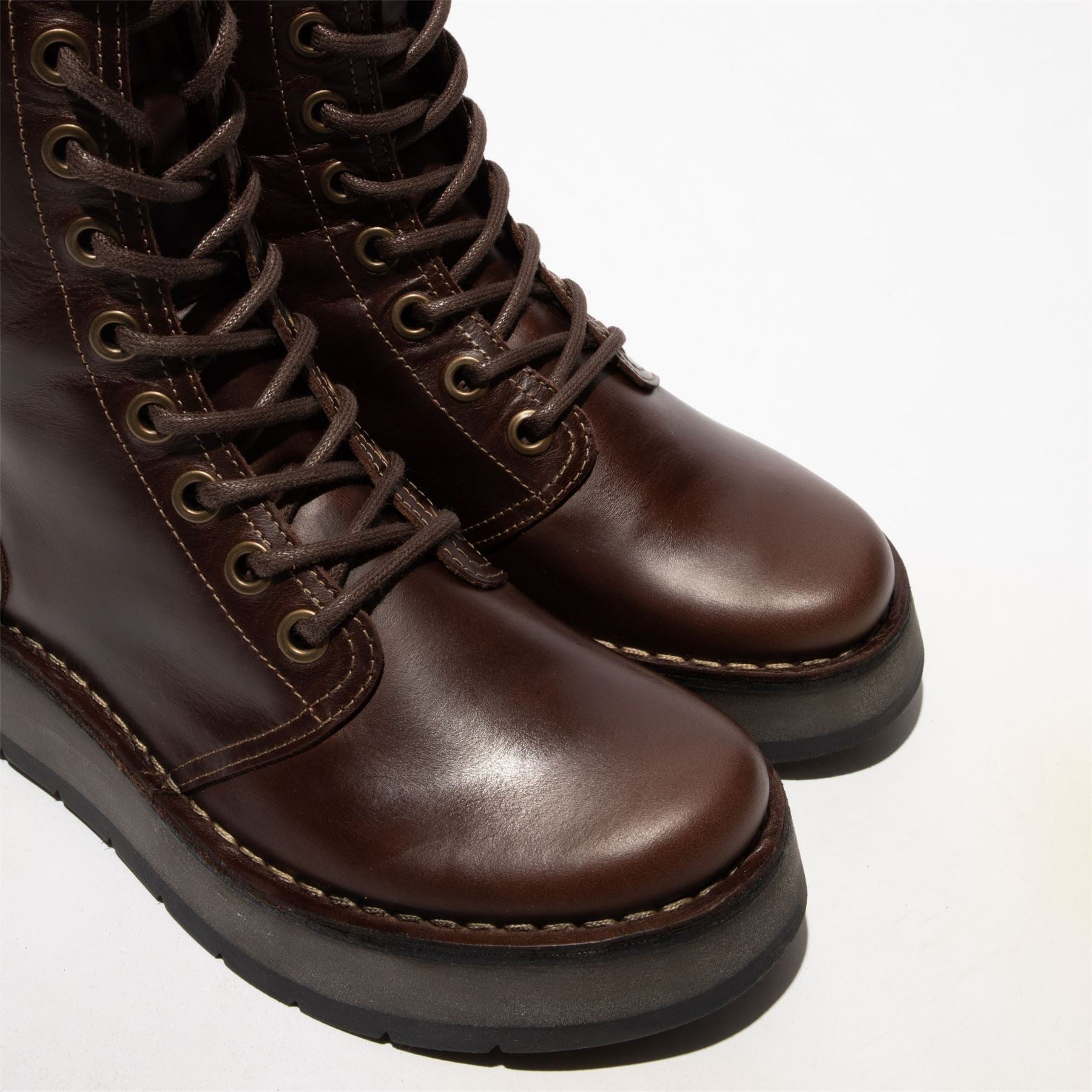 RAMI043FLY - Women's Wedge Heel Lace Up Leather Ankle Boots