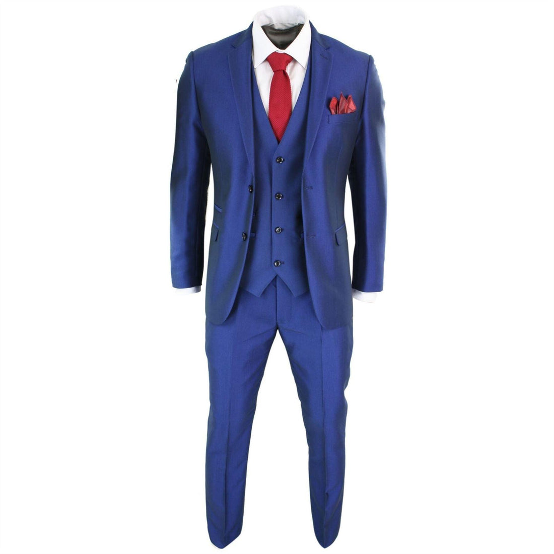 Mens 3 Piece Shiny Blue Wedding Prom Party Suit Tailored Fit Smart Formal - Knighthood Store