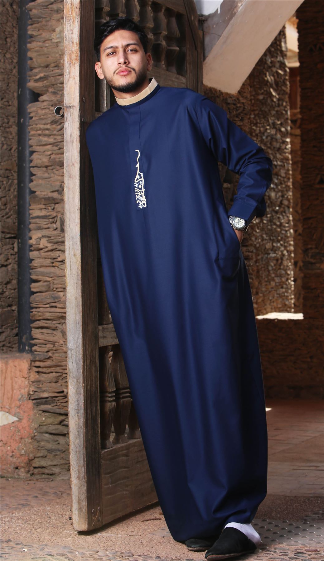 Men's Thobe Jubba Nehru Round Collar Islamic Clothing Muslim Kaftan Embroidery Eid Robe Saudi