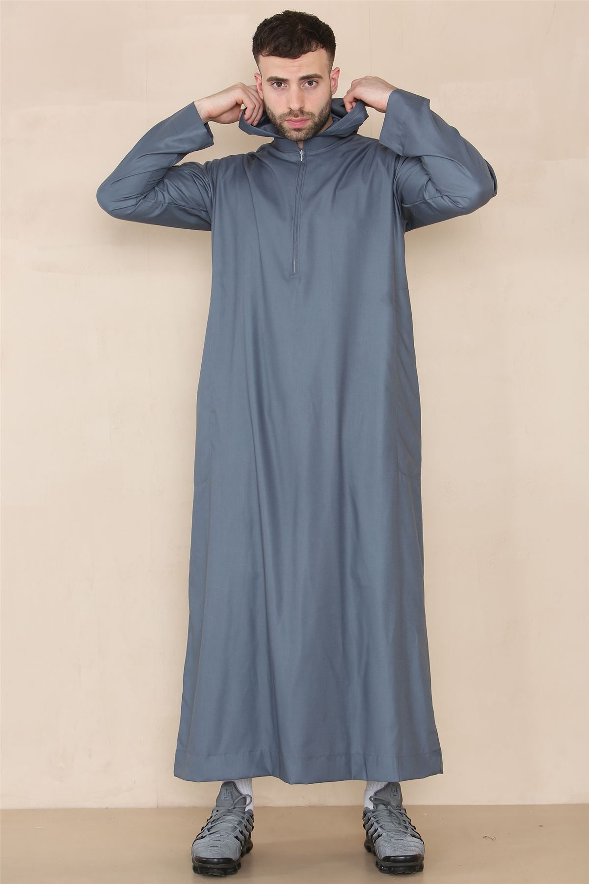 Mens Hooded Thobe Hood Jubba Nehru Stand Collar Islamic Clothing Muslim Kaftan Robe Saudi Slim Regular Fit