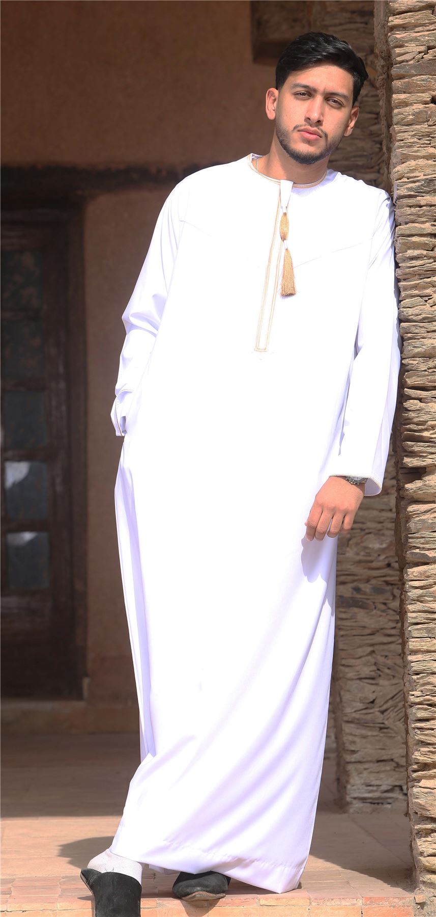 Men's Thobe Emirati Omani Jubba Islamic Clothing Muslim Kaftan Eid Robe Arab Gold Tassel Embroidery