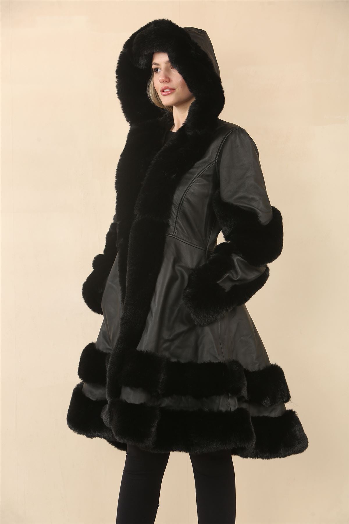 Women's Black Flared Hooded Leather Cape Coat