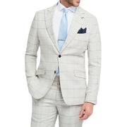 Men's Blazer Grey Tailored Fit Linen Checked Formal Suit Jacket