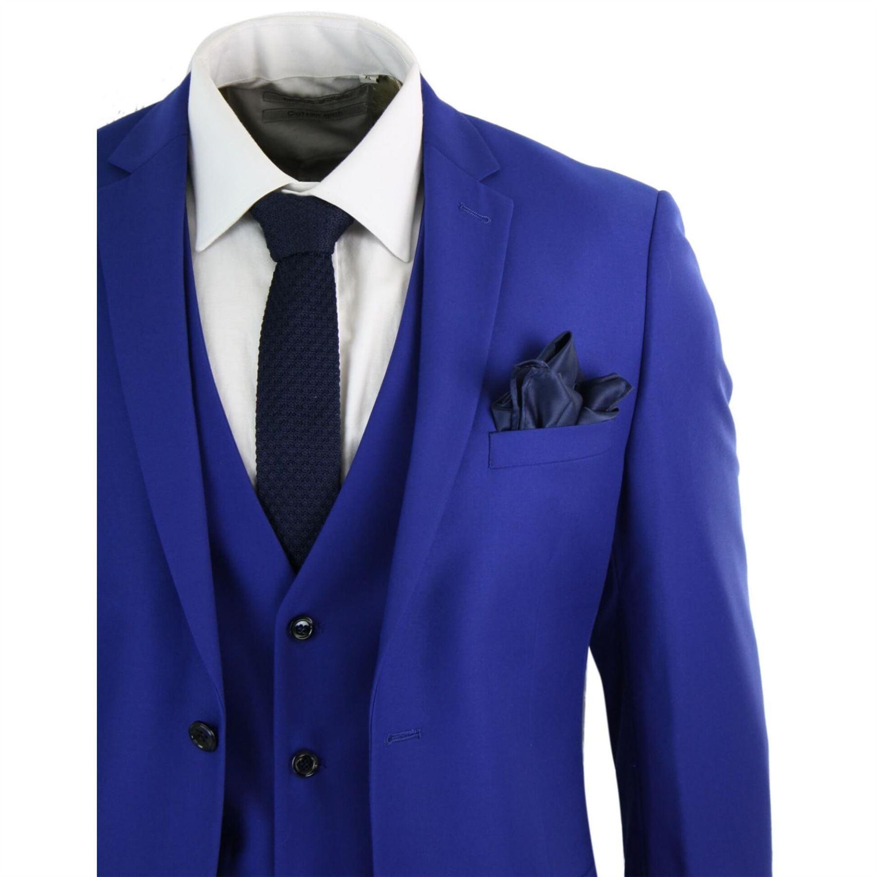 Mens 3 Piece Royal Blue Tailored Fit Complete Suit Best Man Groom Prom