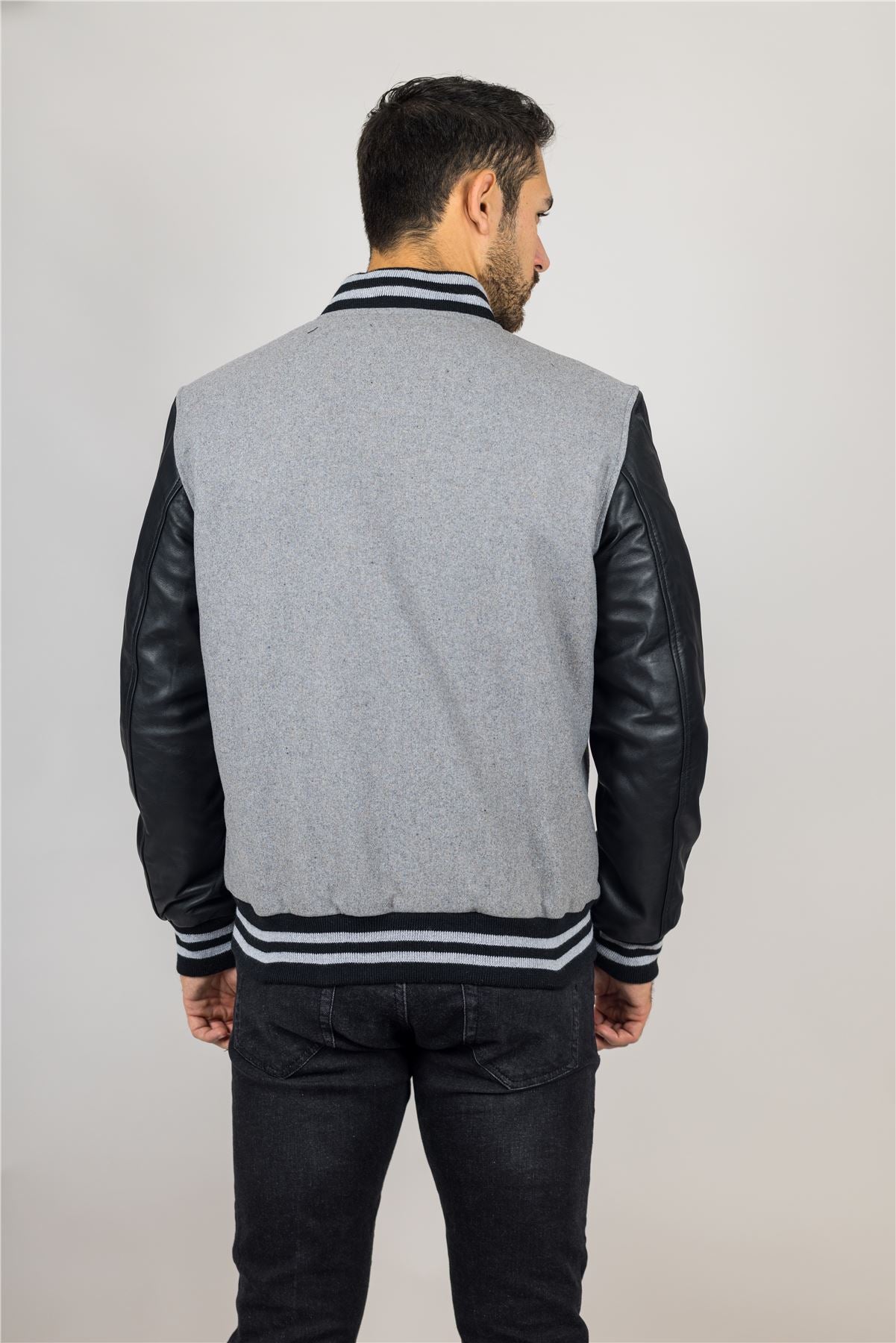 Men's Grey Black Varsity Bomber Jacket Wool Body Real Leather Sleeves College Baseball Coat