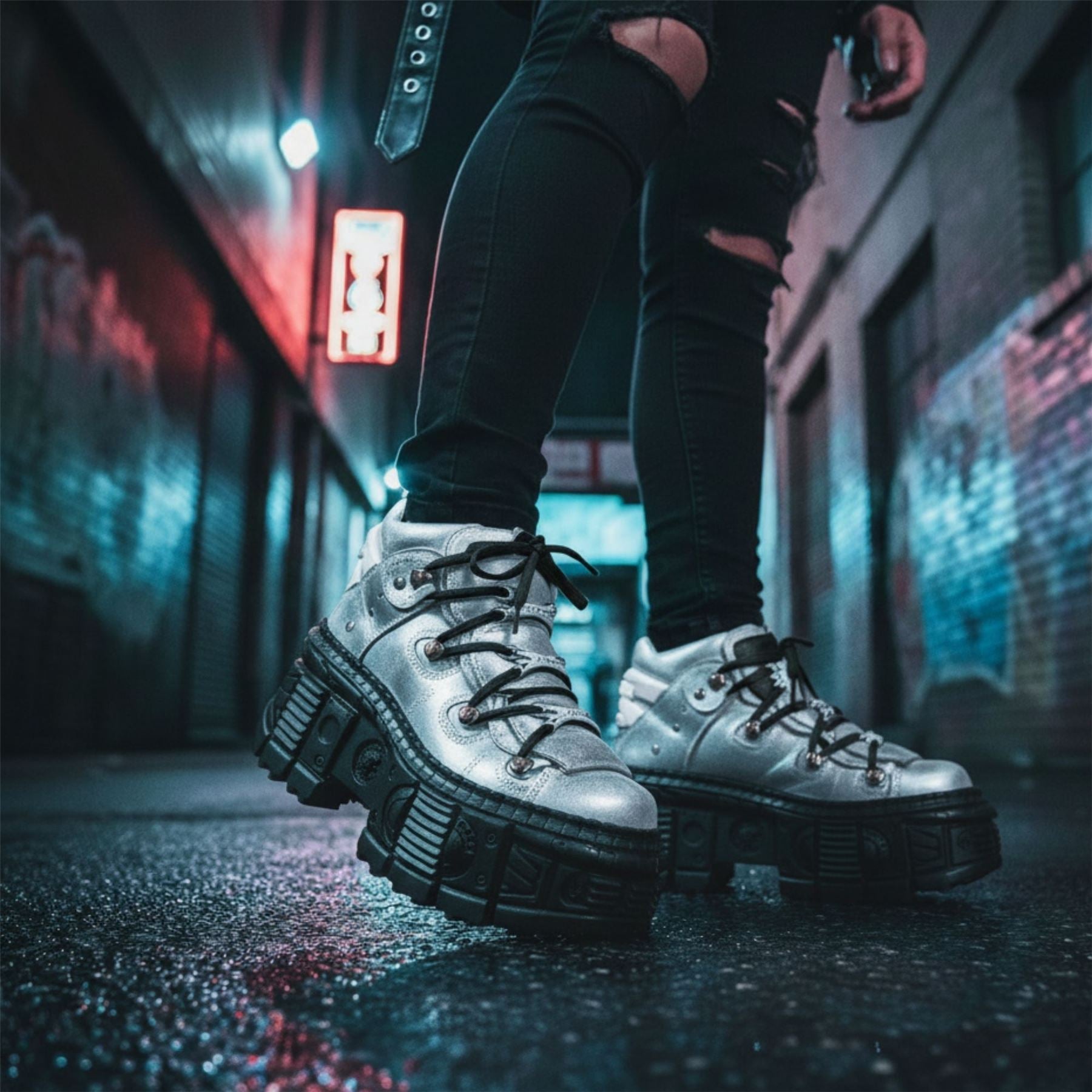 New Rock M-106WALL-C16 Silver Black Leather Ankle Boots