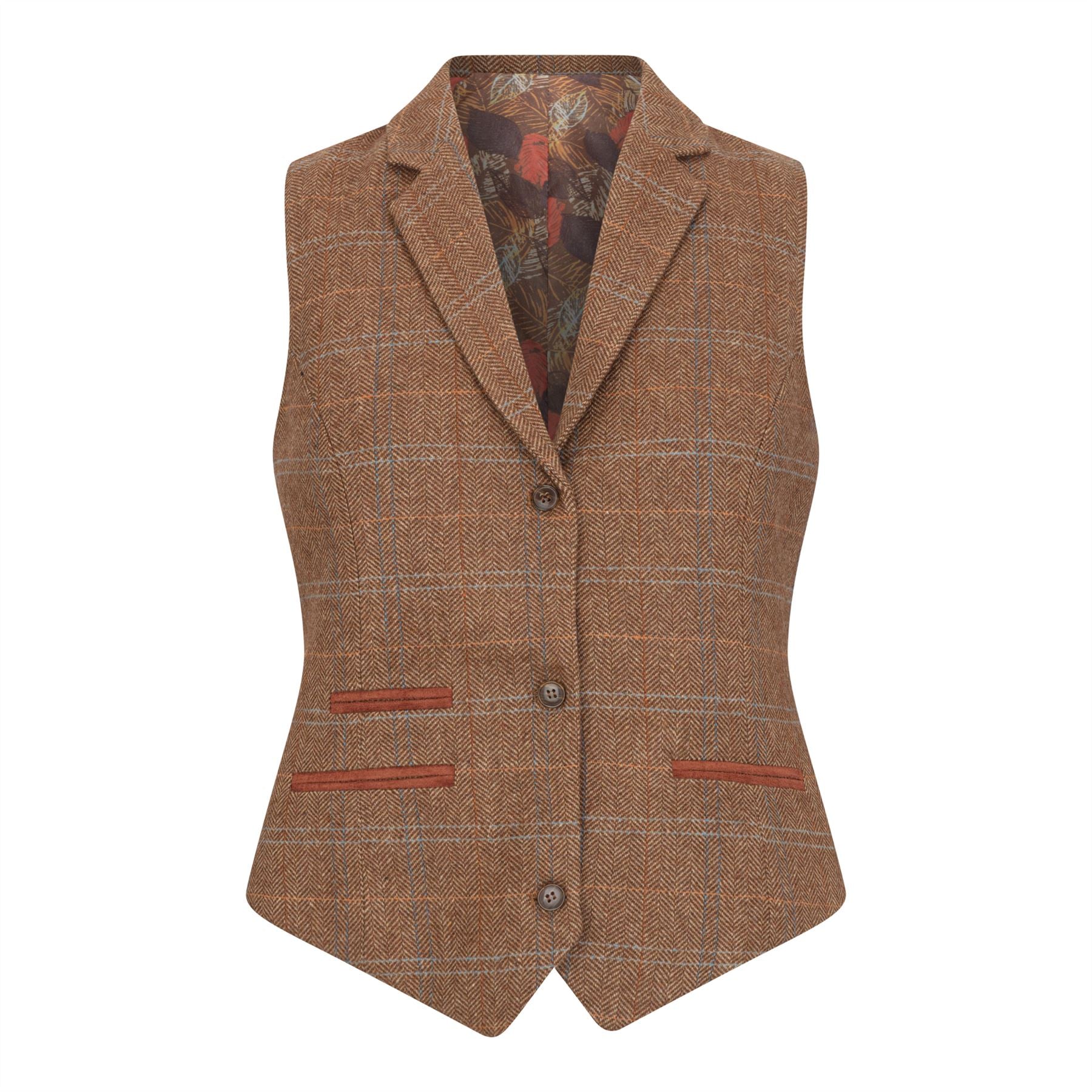 Women's Oak Brown Wool Blend Tweed Herringbone Checkered Blazer Waistcoat