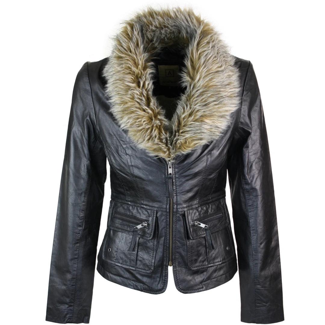 Ladies Real New Vintage Short Black Leather Jacket Coat Faux Fur Collar - Knighthood Store