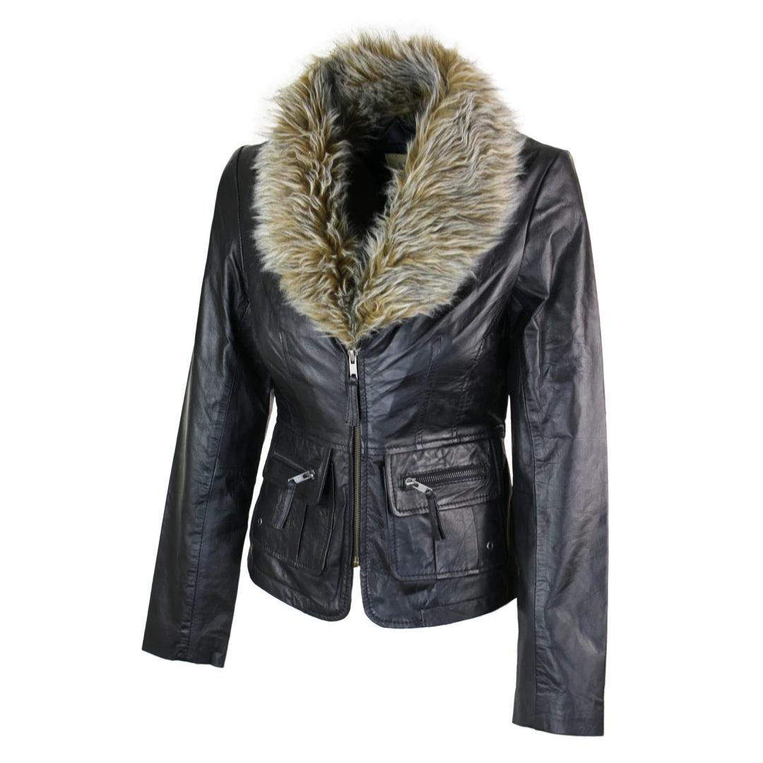 Ladies Real New Vintage Short Black Leather Jacket Coat Faux Fur Collar - Knighthood Store