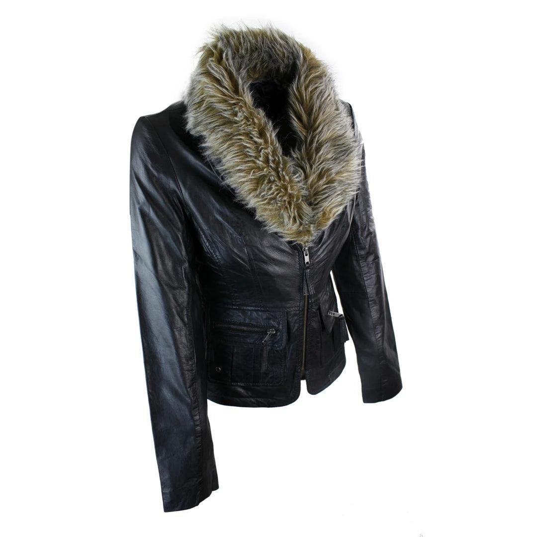 Ladies Real New Vintage Short Black Leather Jacket Coat Faux Fur Collar - Knighthood Store