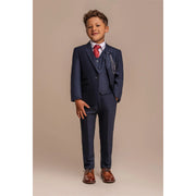 Boys 3 Piece Navy Check Suit Tweed Tailored Fit Wedding