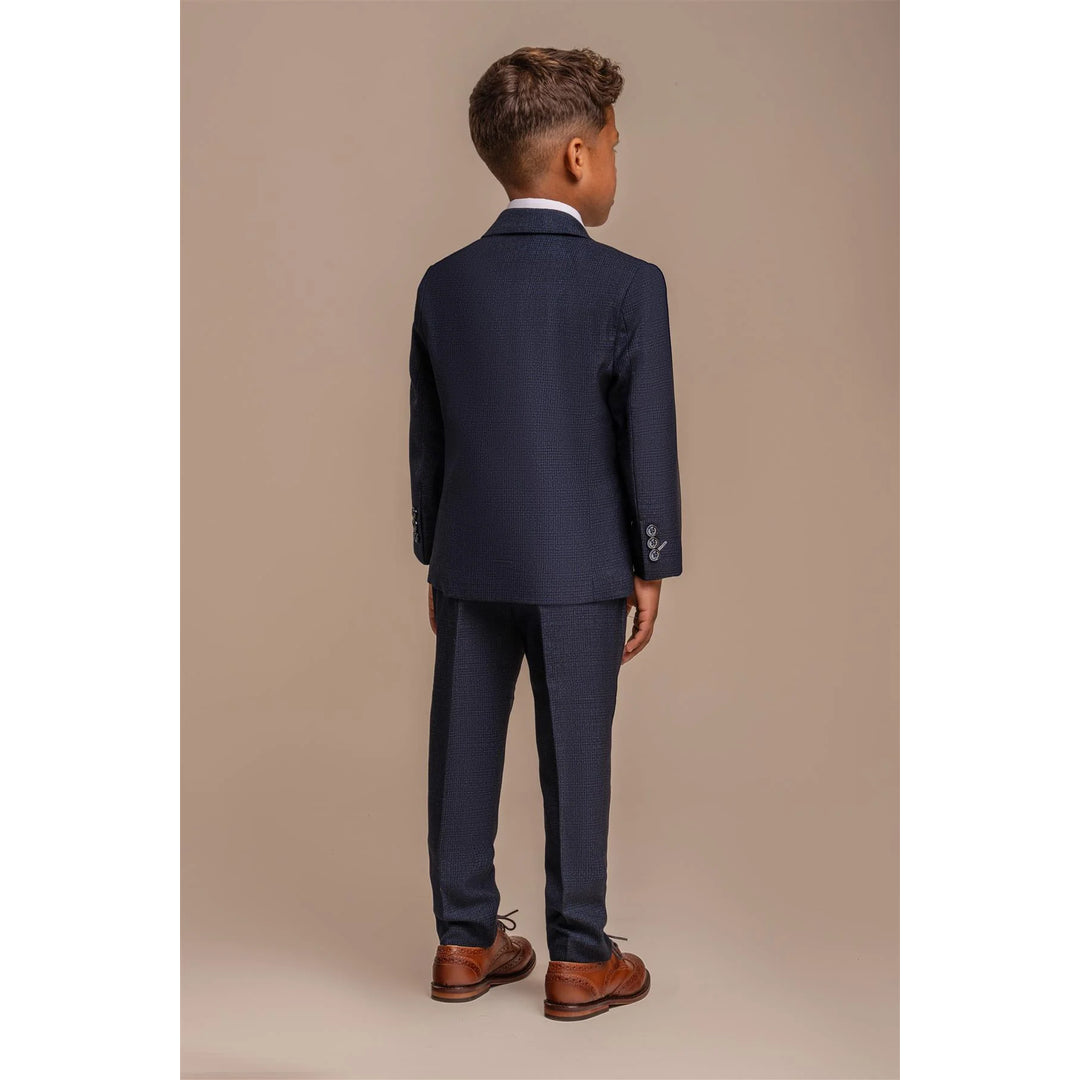 Boys 3 Piece Navy Check Suit Tweed Tailored Fit Wedding