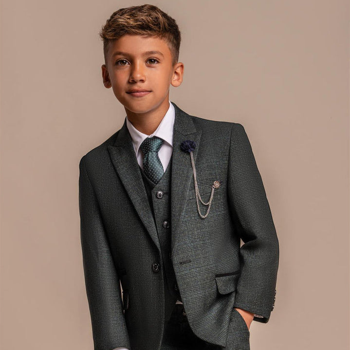 Boys 3 Piece Olive Green Check Suit Tweed Tailored Fit Wedding