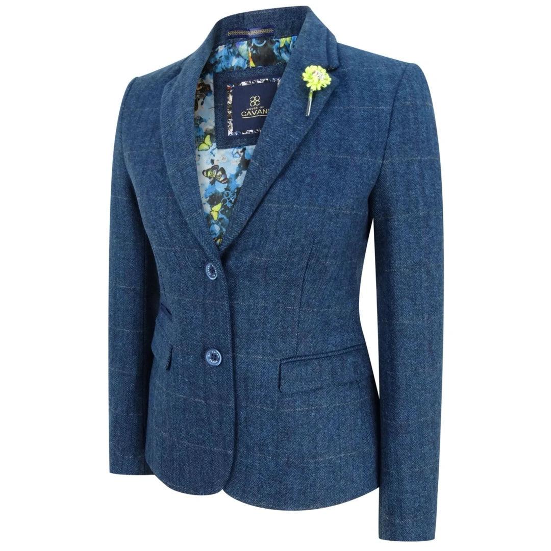 Women Navy Blue Blazer Tweed Check 1920's Peaky Blinders Tailored Fit Vintage - Knighthood Store