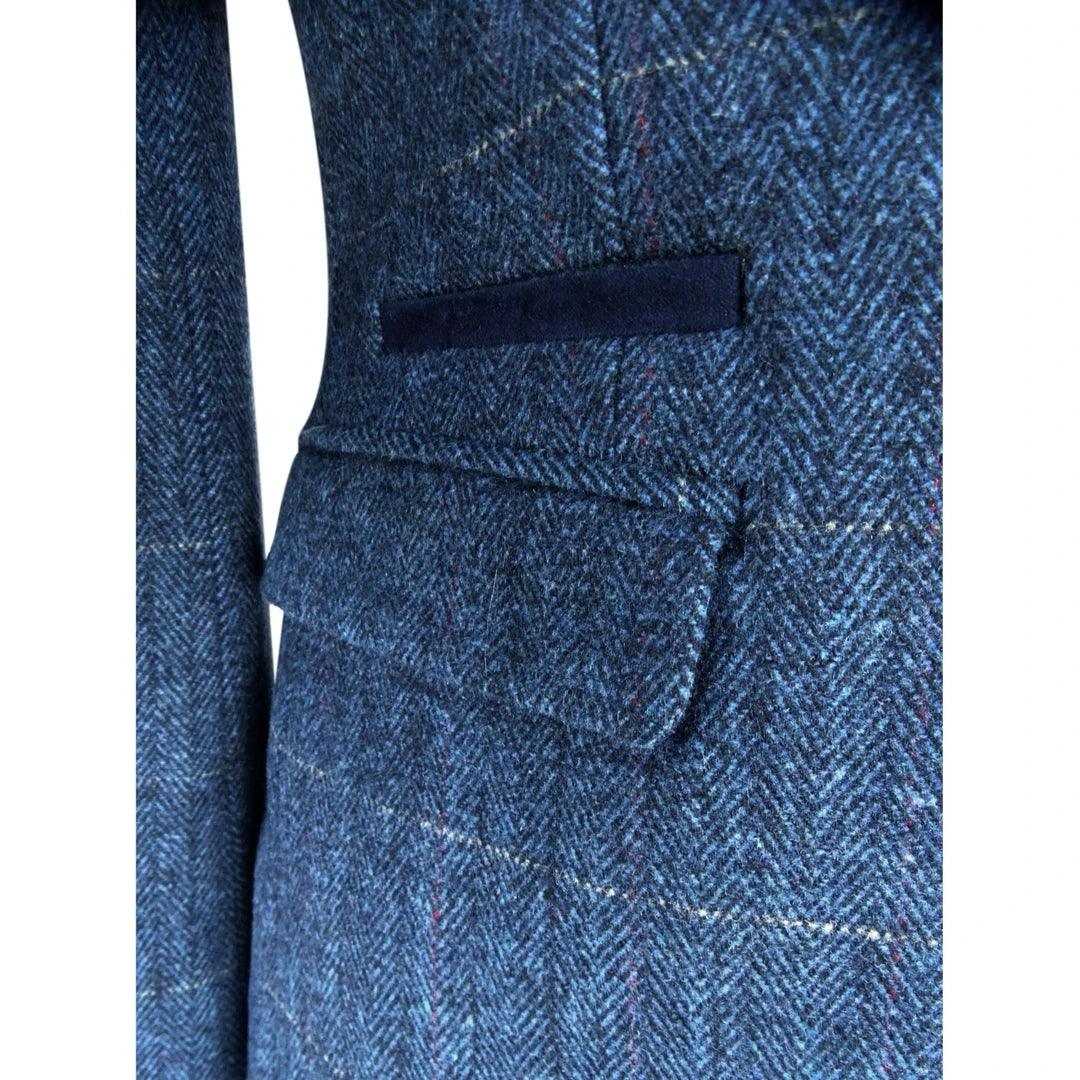 Women Navy Blue Blazer Tweed Check 1920's Peaky Blinders Tailored Fit Vintage - Knighthood Store