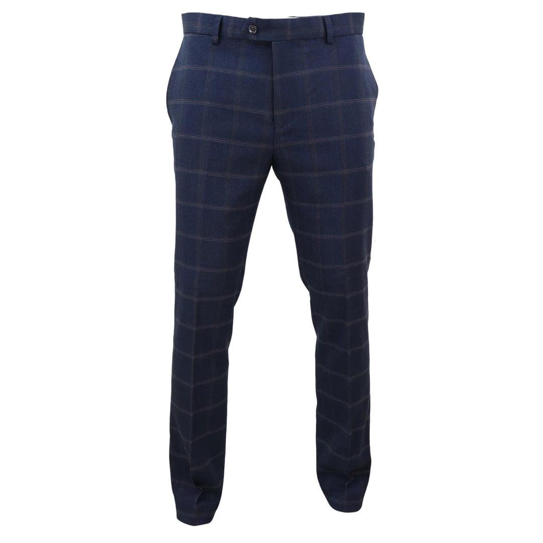 Mens Tweed Check Herringbone Blue Navy Tailored Fit Trousers Regular Length Blinders - Knighthood Store